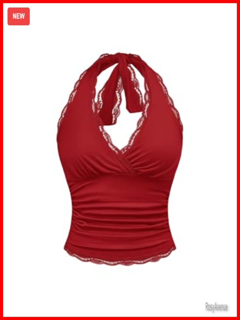 Women's Lace Trim Halter Crop Cami Sleeveless Tie Backless V Neck Ruched Slim